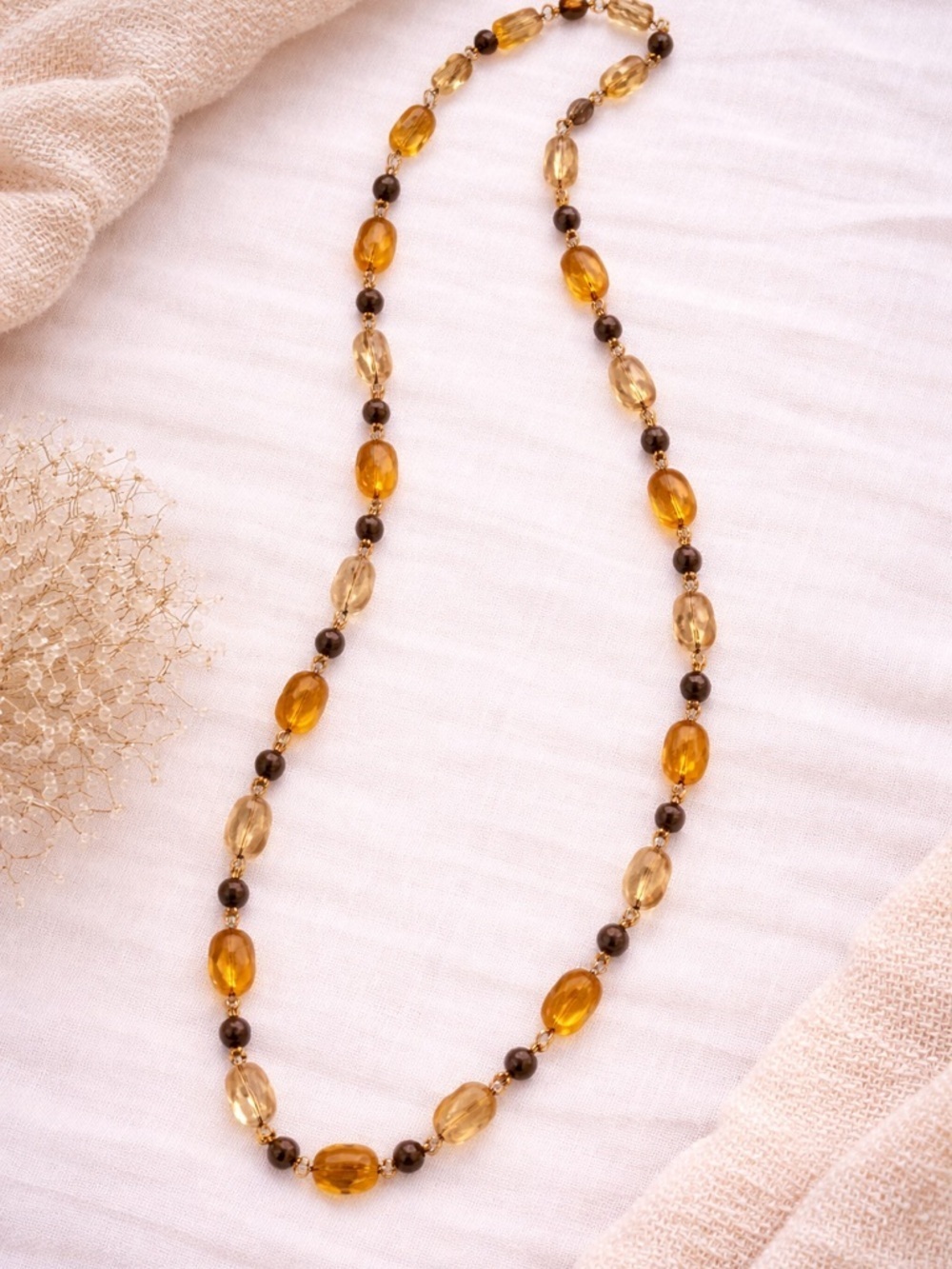 Y2K Amber Beaded Long Strand Necklace - Boho Festival Brown Neutral